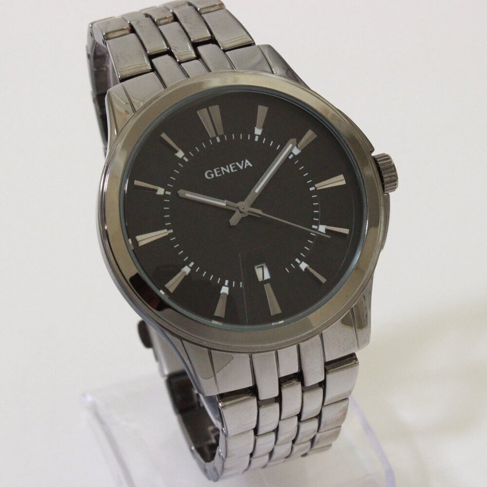 Geneva Men's Casual Quartz Watch Raised Indices GunMetal Finish 42mm - Picture 2 of 14